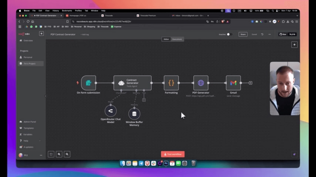 Automated PDF contract generation workflow showing no-code AI tools and document creation process