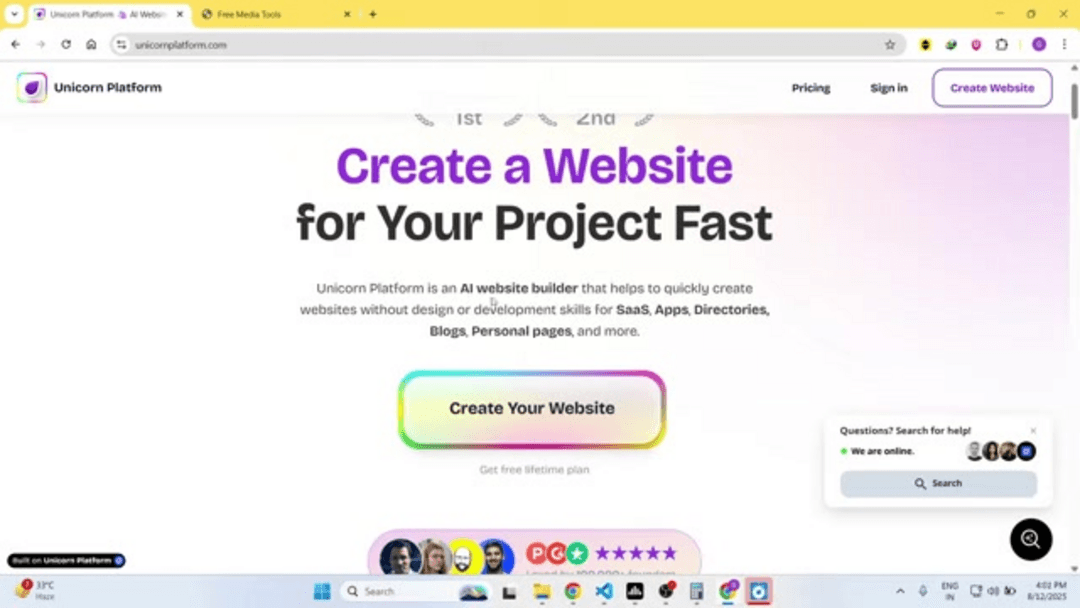 Unicorn Platform AI website builder interface showing drag-and-drop editor