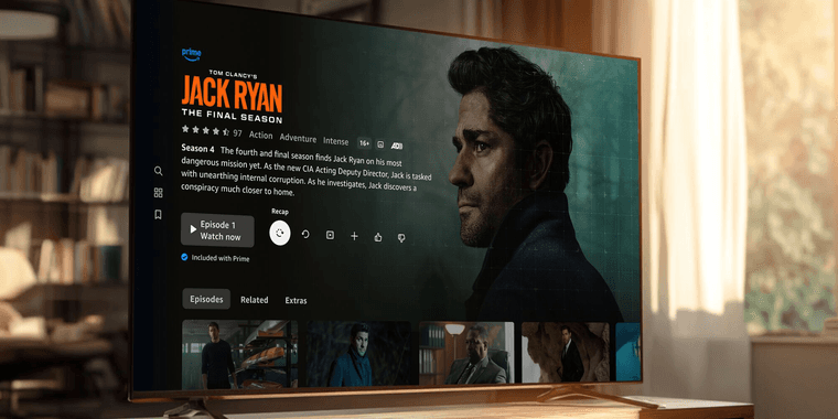Amazon Prime Video AI video recap interface showing playback options