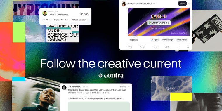 Contra platform interface showing new community feed and design portfolio features