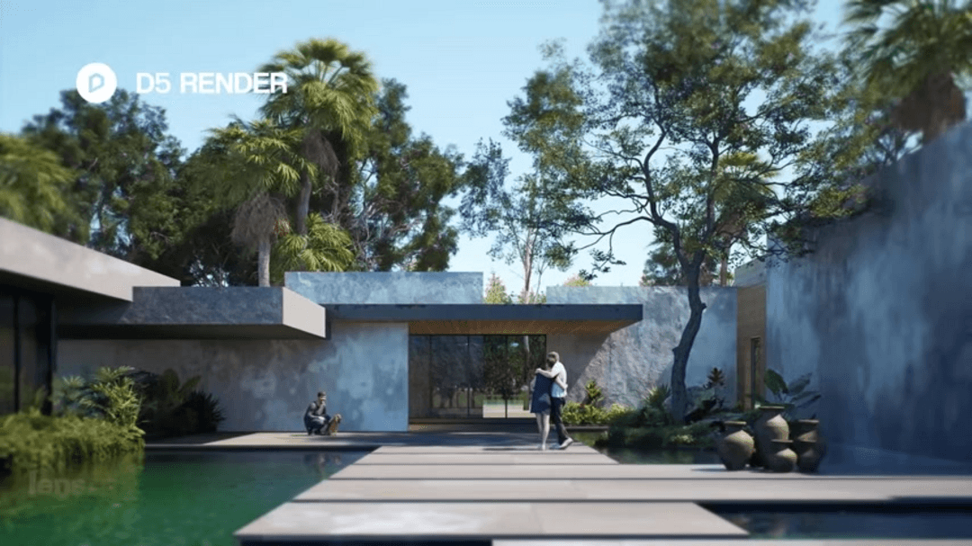 D5 Render interface showcasing real-time ray tracing and AI tools for architectural visualization