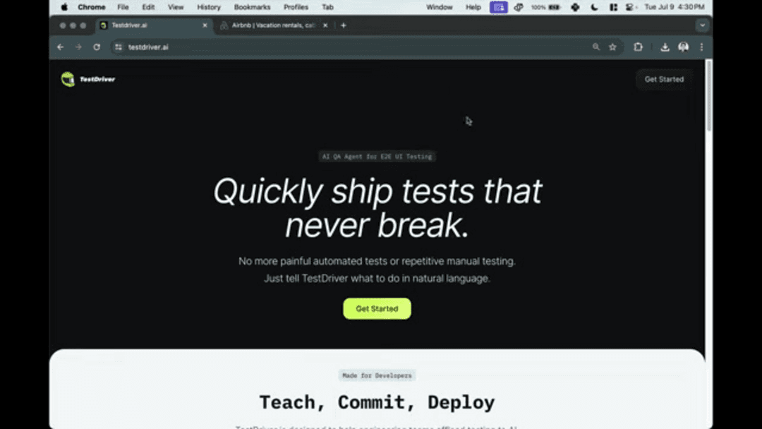 TestDriver.ai AI vision testing platform interface showing natural language commands