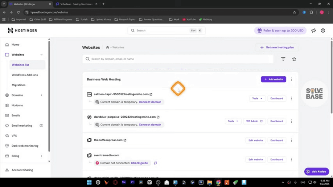 Hostinger website builder SEO optimization dashboard interface showing meta title and description settings