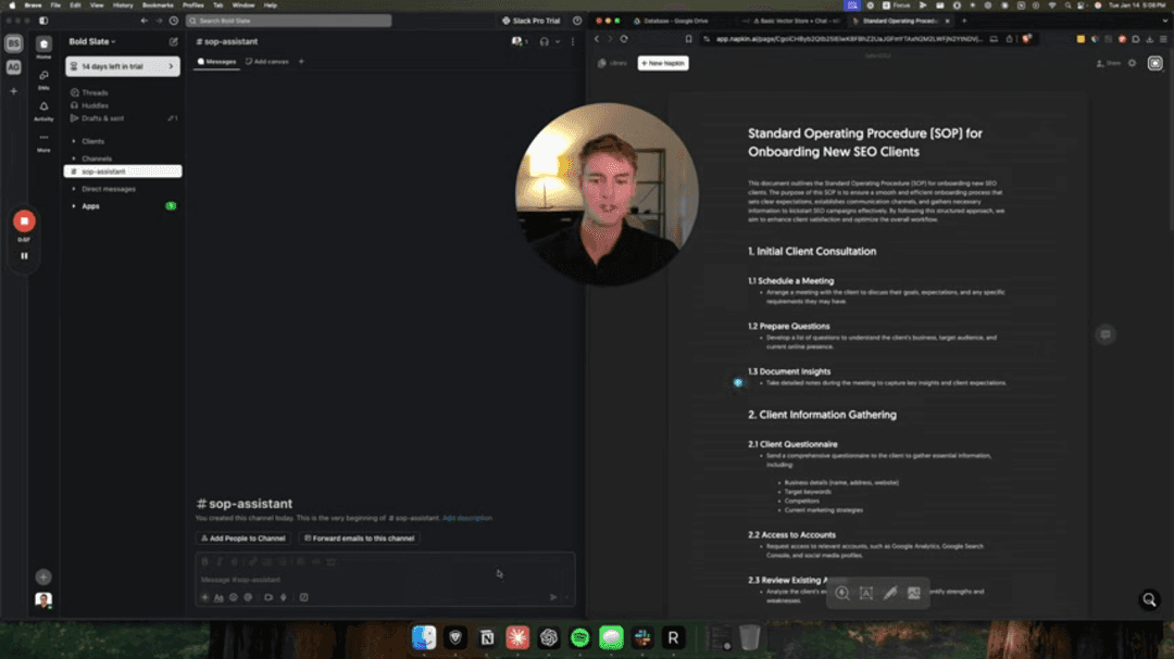 AI-powered Slack assistant interface showing automated responses and knowledge retrieval