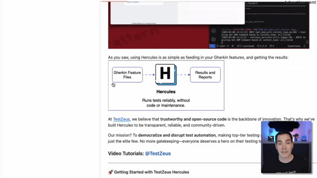 TestZeus Hercules AI testing automation platform interface showing test execution dashboard