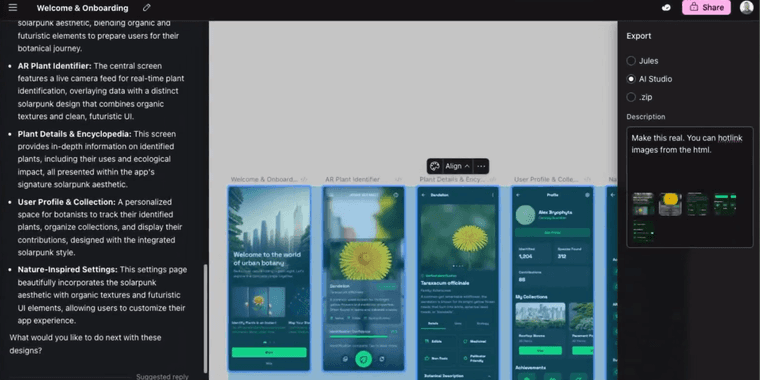 Google Stitch interface showing 1-click export option to AI Studio