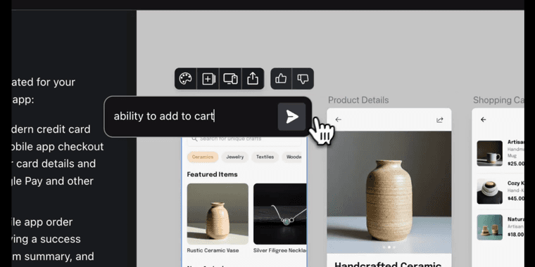 Google Stitch interface showing prompted variants feature for design iterations