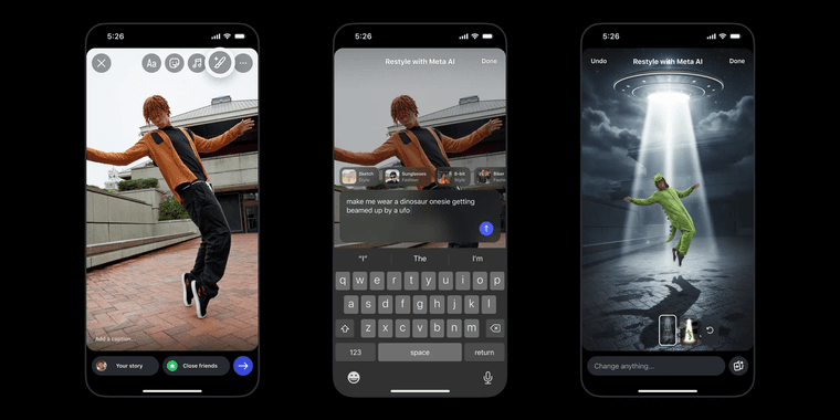 Instagram Stories interface showing new generative AI restyle features for photos and videos