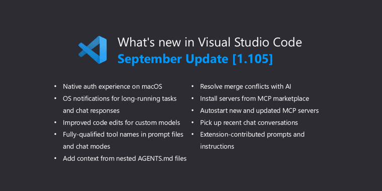 Visual Studio Code 1.105 interface showing AI merge conflict resolution and MCP marketplace features