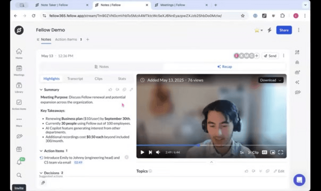 Fellow.app dashboard showing AI-powered meeting management interface