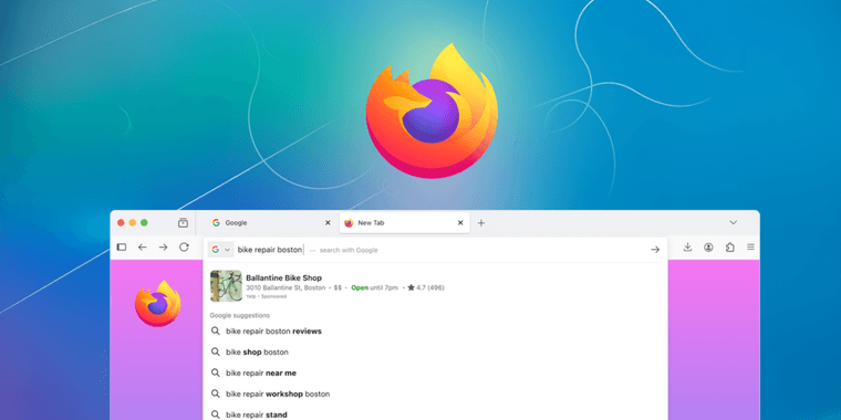 Firefox browser address bar showing direct results with privacy shield icon