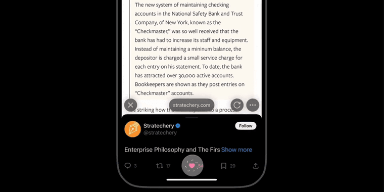 X iOS app showing new link interface with collapsed post at bottom