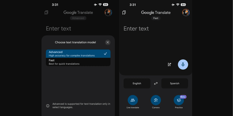 Google Translate app interface showing new model picker with Fast and Advanced translation options