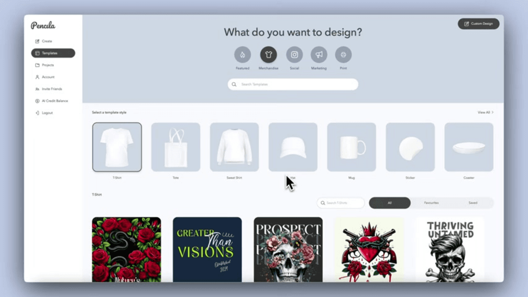 Pencila AI design platform interface showing templates and design tools
