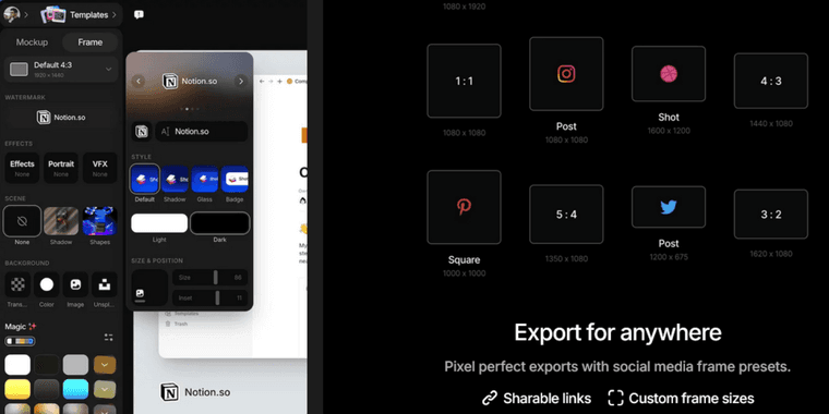 Shots V1.5 mockup generator interface showing video export options
