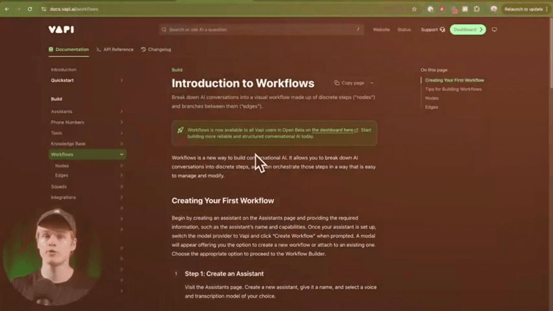 Vapi Workflows visual interface showing conversational AI nodes and connections