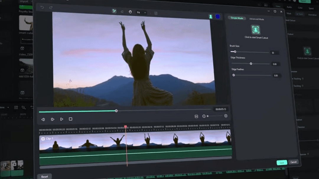 Filmora AI Smart Cutout interface showing background removal process