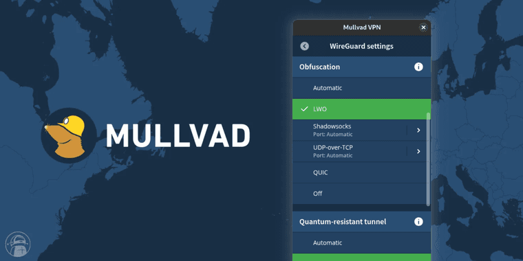 Mullvad VPN Lightweight WireGuard Obfuscation feature interface showing secure connection status